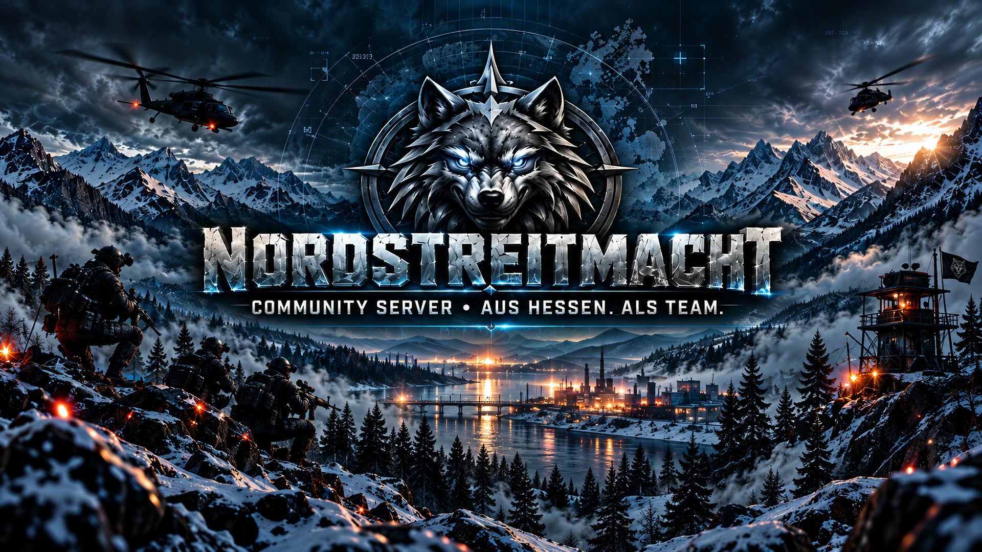 Banner der Nordstreitmacht: Wolfswappen über verschneiten Bergen bei Nacht, Soldaten, Hubschrauber und ein Wachturm